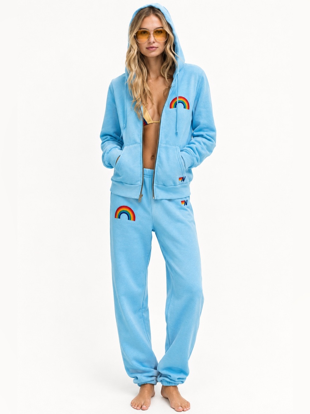 Aviator Nation Light Blue Zip-Up Hoodie and Sweatpants Set with Rainbow Patch S